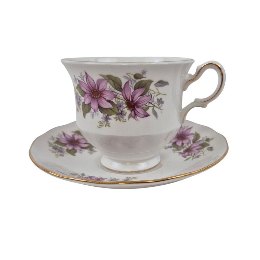 Queen Anne Ridgway China Tea Cup Saucer Purple Floral Clematis England Vintage